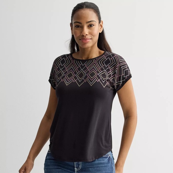 Apt. 9 Tops - Apt. 9 Black Top with Geometric Accents NWOT